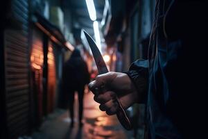 ai généré fermer vue de de homme en portant couteau dans main dans foncé ruelle, neural réseau généré photoréaliste image photo