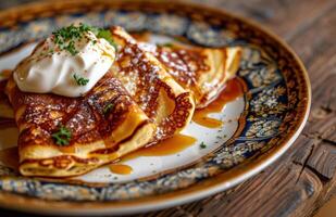 ai généré Trois Crêpes et yaourt sur une assiette photo