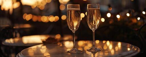 ai généré deux des lunettes de Champagne séance sur une table à nuit photo