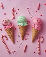 ai généré Trois coloré la glace crème cônes n une rose Contexte sont entouré par bonbons cannes photo