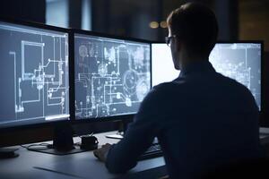 ai généré plus de le épaule vue de un ingénieur travail avec cad Logiciel en utilisant Trois grand ordinateur écrans, neural réseau généré photoréaliste image photo