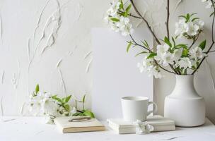 ai généré blanc papier modèle et des photos de blanc apsara fleurs sur une blanc table