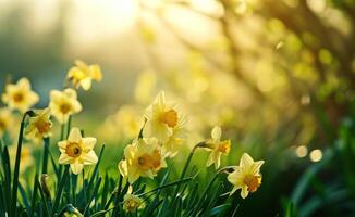 ai généré magnifique lumière Contexte avec Jaune jonquilles photo