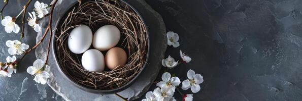 ai généré des œufs et Oeuf nid dans une nid de fleurs sur acier assiette photo