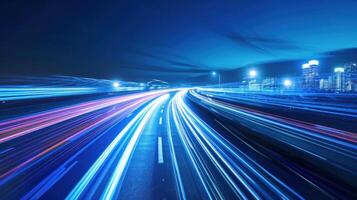 ai généré bleu lignes étendue en dehors de le route avec haute la vitesse lumières photo