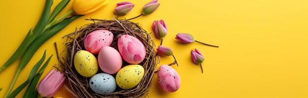 ai généré coloré Pâques des œufs et coloré tulipes dans Pâques nid sur Jaune photo