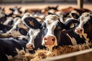 ai généré groupe de vaches à étable en mangeant foins ou fourrage sur laitier cultiver, neural réseau généré image photo