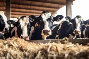 ai généré groupe de vaches à étable en mangeant foins ou fourrage sur laitier cultiver, neural réseau généré image photo