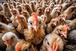 ai généré une lot de poulets attendre à être nourris en haut, elles ou ils sont à la recherche à le téléspectateur, neural réseau généré photoréaliste image photo