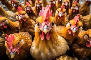 ai généré une lot de poulets attendre à être nourris en haut, elles ou ils sont à la recherche à le téléspectateur, neural réseau généré photoréaliste image photo