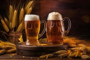 ai généré oktoberfest Bière des lunettes plein de Bière avec blé sur en bois tableau, neural réseau généré photoréaliste image photo