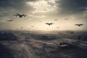 ai généré drone guerre - beaucoup militaire copter drones au dessus moyen-orient ville champ de bataille à jour, neural réseau généré image photo