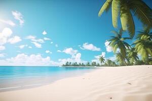 ai généré tropical plage vue à ensoleillé journée avec blanc sable, turquoise l'eau et paume arbre, neural réseau généré image photo