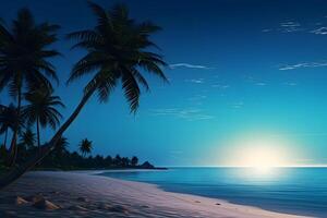 ai généré tropical plage vue avec blanc sable, turquoise l'eau et paume des arbres à lever du soleil, neural réseau généré image photo