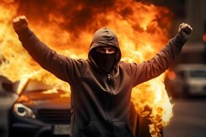 ai généré rue émeute dans ville avec manifestants et brûlant voitures, neural réseau généré photoréaliste image photo