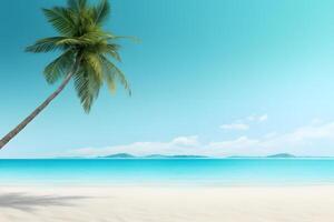 ai généré tropical plage vue à ensoleillé journée avec blanc sable, turquoise l'eau et paume arbre, neural réseau généré image photo