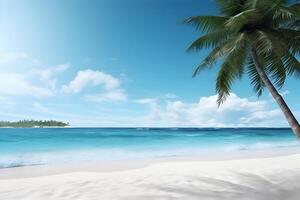 ai généré tropical plage vue à ensoleillé journée avec blanc sable, turquoise l'eau et paume arbre, neural réseau généré image photo