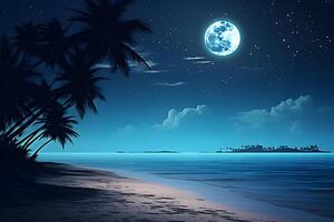 ai généré tropical plage vue avec blanc sable, turquoise l'eau et paume arbre à plein lune nuit, neural réseau généré photoréaliste image photo