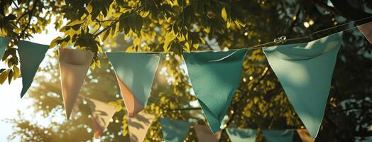 ai généré coloré drapeaux pendaison sur coloré bruant photo