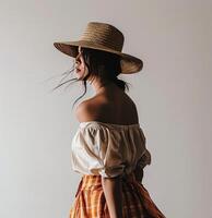 ai généré femme dans un Orange plaid jupe et une chapeau photo