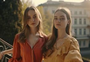 ai généré deux Jeune femmes sont permanent sur une balustrade à l'extérieur photo