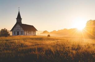 ai généré une église dans une pays champ par le Soleil à lever du soleil photo