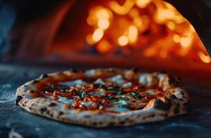ai généré une Pizza est cuit dans une bois mis à la porte Pizza four photo