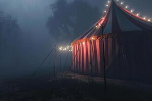 ai généré lumière, éclairage et brouillard, statique coup de une cirque tente photo