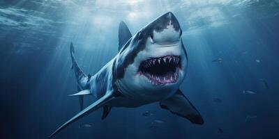 ai généré une génial blanc requin est nager avec sa bouche ouvert photo