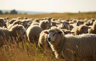 ai généré une grand groupe de mouton dans une herbeux champ à la recherche vers l'extérieur photo