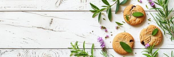 ai généré biscuits, fleurs, herbes et feuilles plus de blanc en bois Contexte photo