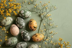 ai généré Pâques des œufs sur une vert arrière-plan, floral motifs photo