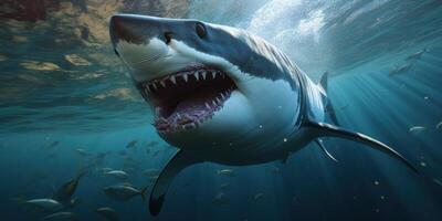 ai généré une blanc génial blanc requin est montrant ses les dents sous-marin photo