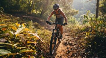 ai généré une femme est équitation sa bicyclette sur le Montagne photo