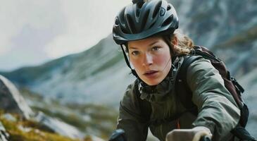 ai généré une femme portant une casque et équitation sa bicyclette vers le bas une Montagne photo