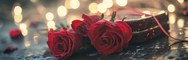 ai généré une cœur en forme de boîte avec rouge des roses et une sac autour il photo