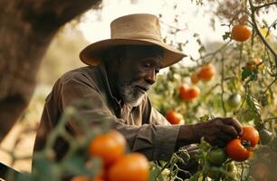 ai généré un plus âgée homme est cueillette tomates dans le sien jardin photo