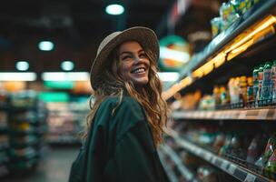 ai généré une souriant client achats à une épicerie boutique photo