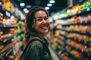 ai généré une souriant client achats à une épicerie boutique photo