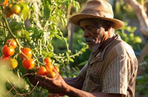 ai généré un plus âgée homme est cueillette tomates dans le sien jardin photo