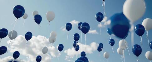 ai généré bleu et blanc des ballons sont en volant dans le air, photo