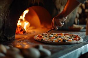 ai généré une la personne est fabrication une Pizza en utilisant un Extérieur four photo