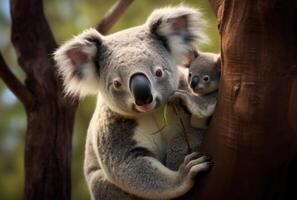 ai généré mère bébé koala et mère arbre photo