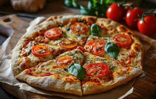 ai généré le entier Pizza avec tomate sur une en bois table photo