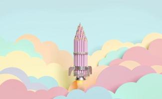 fusée de crayons survolant des nuages plats de couleur pastel photo