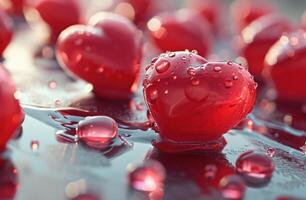 ai généré rouge cœurs sont mis sur une table Haut avec l'eau gouttes photo