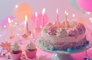 ai généré une coloré gâteau, bougies et petits gâteaux sont séance sur une rose Contexte photo
