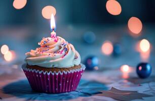 ai généré une coloré petit gâteau allumé avec une bougie photo