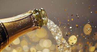 ai généré Champagne bouteille crachant Champagne poussière sur une blanc Contexte photo