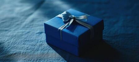 ai généré bleu cadeau boîte sur bleu Contexte photo